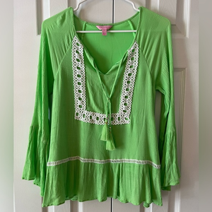Lilly Pulitzer Amisa Top Mermaid Green Long Bell Sleeve Boho Peasant Blouse XS